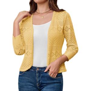 GRACE KARIN Women’s 3/4 Sleeve Open Front Cropped Cardigan Summer Lightweight Hollow Out Knit Shrug(Light Yellow)