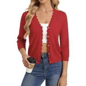 GRACE KARIN Women’s 3/4 Sleeve V Neck Button Down Lightweight Cardigan Sweater Open Front Dressy Shrugs Spring Fashion(Red)
