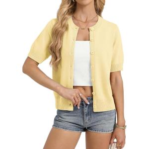 GRACE KARIN Womens Casual Short Sleeve Cardigan Lightweight Summer Cardigan Sweater 2026 Button Up Cropped Shrug Sweater(Light Yellow)