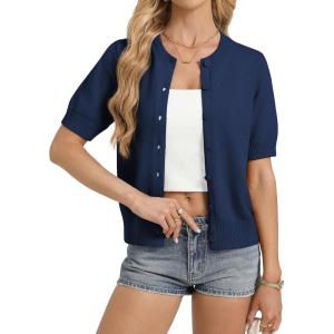 GRACE KARIN Womens Casual Short Sleeve Cardigan Lightweight Summer Cardigan Sweater 2026 Button Up Cropped Shrug Sweater(Navy Blue)