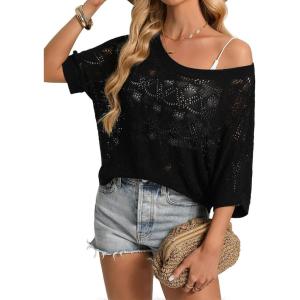 GRACE KARIN Womens Crochet Hollow Out Tops Off Shoulder Boho Knit Sweater Short Sleeve Summer Beach Vacation Outfits(Black)
