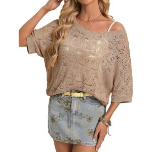 GRACE KARIN Womens Crochet Hollow Out Tops Off Shoulder Boho Knit Sweater Short Sleeve Summer Beach Vacation Outfits(Khaki)