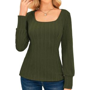 GRACE KARIN Womens Fall Long Sleeve Trendy Tops 2025 Square Neck Ribbed Casual Shirts Cozy Basic Sweater(Army Green)