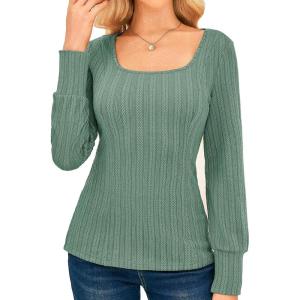 GRACE KARIN Womens Fall Long Sleeve Trendy Tops 2025 Square Neck Ribbed Casual Shirts Cozy Basic Sweater(Gray Green)