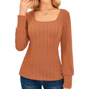 GRACE KARIN Womens Fall Long Sleeve Trendy Tops 2025 Square Neck Ribbed Casual Shirts Cozy Basic Sweater(Orange)