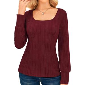 GRACE KARIN Womens Fall Long Sleeve Trendy Tops 2025 Square Neck Ribbed Casual Shirts Cozy Basic Sweater(Wine Red)