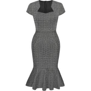 GRACE KARIN Women’s Grey Patterned V-Neck Cap Sleeve Knee-Length Pencil Dress – Size XL(Black White)