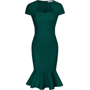 GRACE KARIN Women’s Grey Patterned V-Neck Cap Sleeve Knee-Length Pencil Dress – Size XL(Dark Green-fishtail)