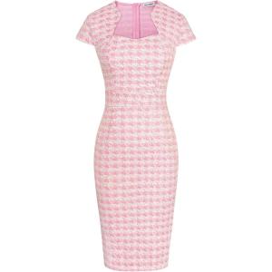 GRACE KARIN Women’s Grey Patterned V-Neck Cap Sleeve Knee-Length Pencil Dress – Size XL(Light Pink (Tweed))