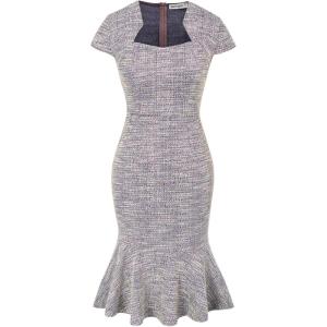 GRACE KARIN Women’s Grey Patterned V-Neck Cap Sleeve Knee-Length Pencil Dress – Size XL(Purple Tweed)