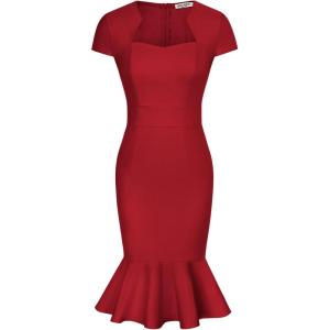 GRACE KARIN Women’s Grey Patterned V-Neck Cap Sleeve Knee-Length Pencil Dress – Size XL(Red-fishtail)