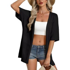 GRACE KARIN Women’s Lightweight Summer Cardigan Short Sleeve Crochet Knit Coverup Boho Kimono Beach Vacation Clothes(Black)