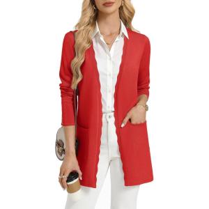 GRACE KARIN Womens Long Cardigans Trendy, Lightweight Knit Blazer, Casual Open Front Spring Sweaters with Pockets(Red)