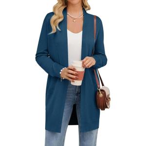GRACE KARIN Womens Long Open Front Cardigan, Fall Knit Long Sleeve Sweater, Soft Essential Coatigan with Pockets Cerulean S