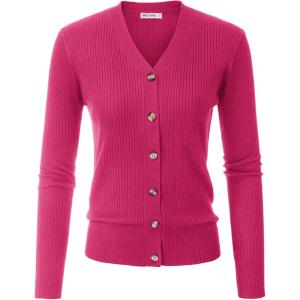 GRACE KARIN Women’s Long Sleeve Button Down Vee Neck Classic Sweater Knit Cardigan(Hot Pink)