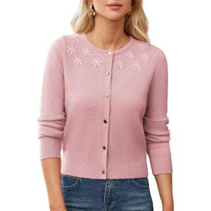 GRACE KARIN Women’s Long Sleeve Knitted Cardigan Sweaters Crew Neck Button Up Fuzzy Flower Sweaters Fall Outfits(Pink)