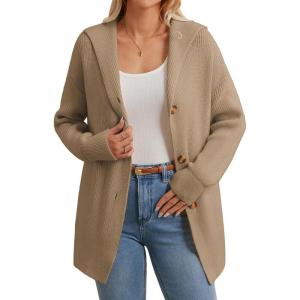 GRACE KARIN Womens Oversized Hooded Cardigan Sweaters 2025 Trendy Fall Outfits Button Up Knit Sweater Coats with Pockets(Khaki)