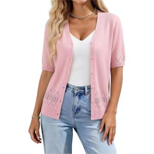 GRACE KARIN Women’s Short Sleeve Spring Sweater, Lightweight Cotton Cardigan, Button Up V Neck Dressy Casual Cute Tops(Pink)