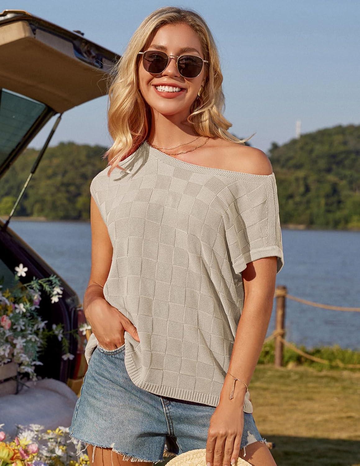 imageGRACE KARIN 2025 Women Short Sleeve Sweater Casual Off The Shoulder Sweaters Spring Summer Loose Fit Knit Light ShirtsApricot