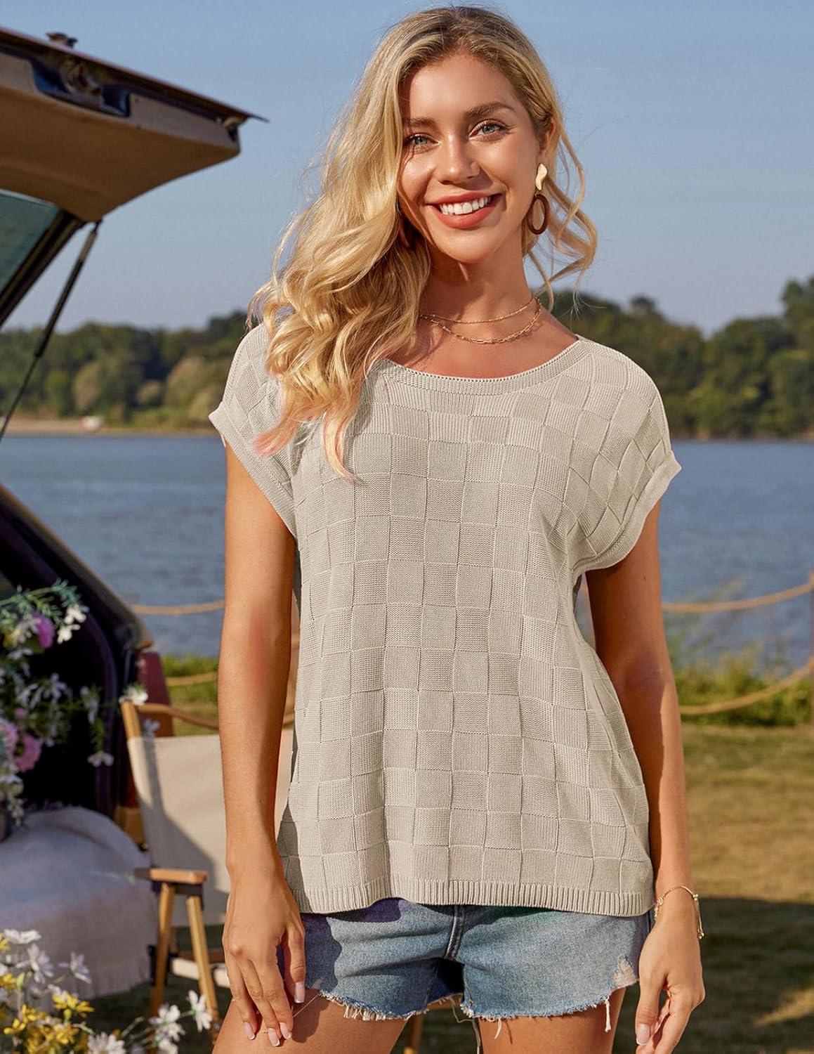 imageGRACE KARIN 2025 Women Short Sleeve Sweater Casual Off The Shoulder Sweaters Spring Summer Loose Fit Knit Light ShirtsApricot