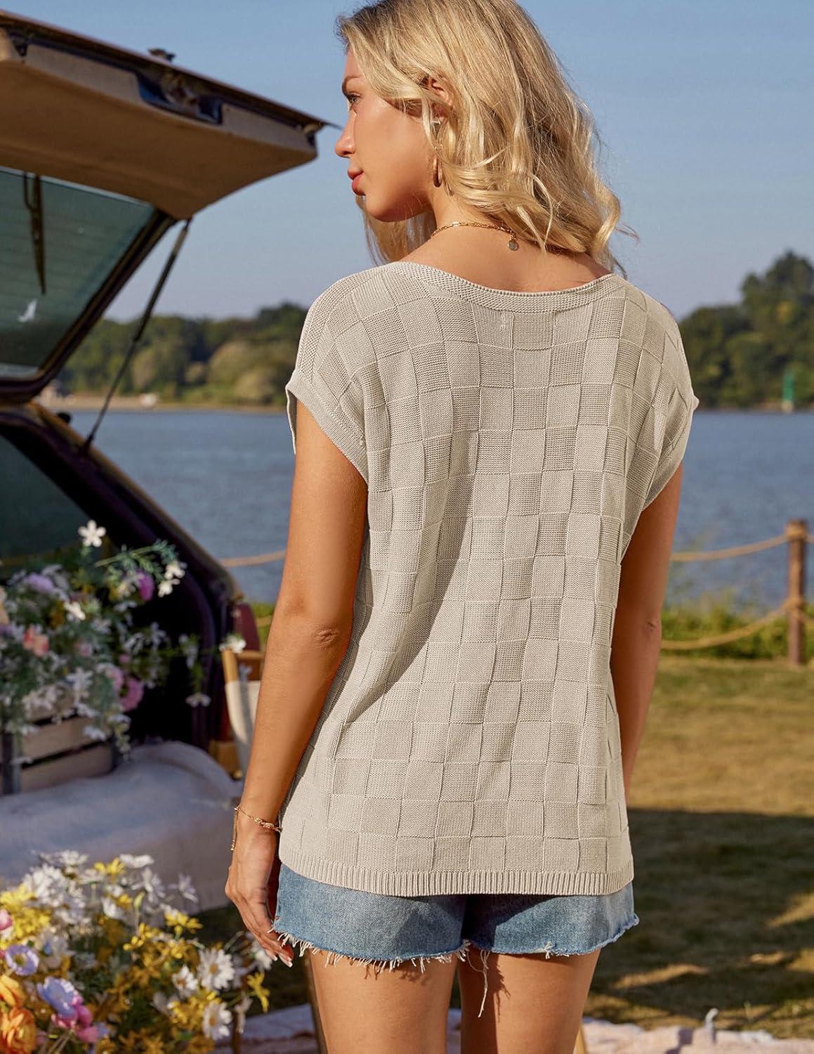 imageGRACE KARIN 2025 Women Short Sleeve Sweater Casual Off The Shoulder Sweaters Spring Summer Loose Fit Knit Light ShirtsApricot