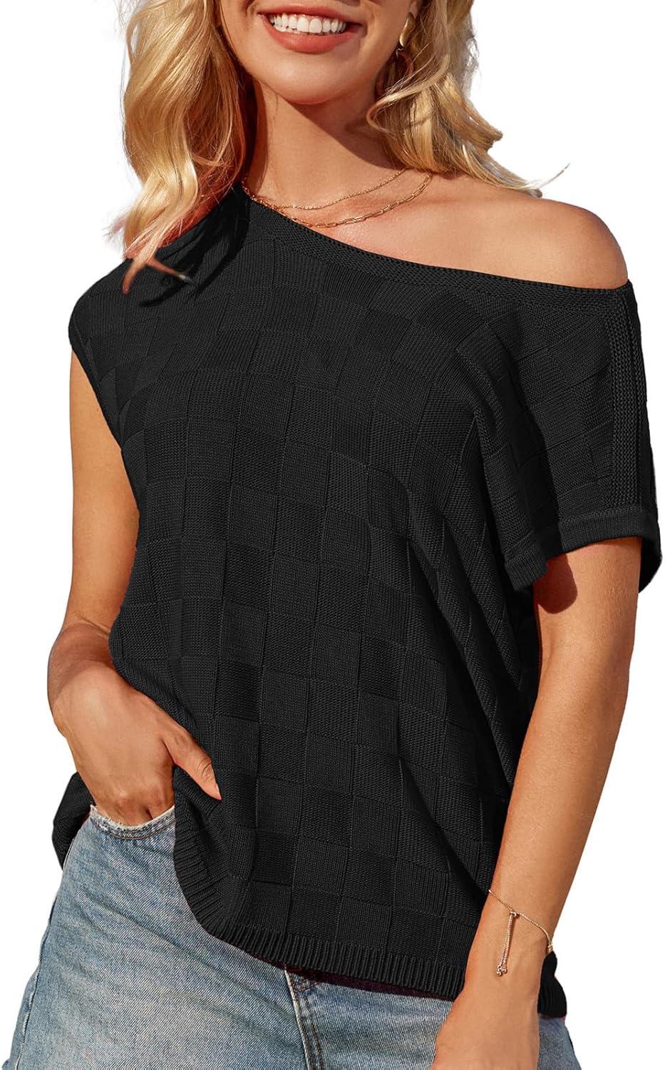 imageGRACE KARIN 2025 Women Short Sleeve Sweater Casual Off The Shoulder Sweaters Spring Summer Loose Fit Knit Light ShirtsBlack