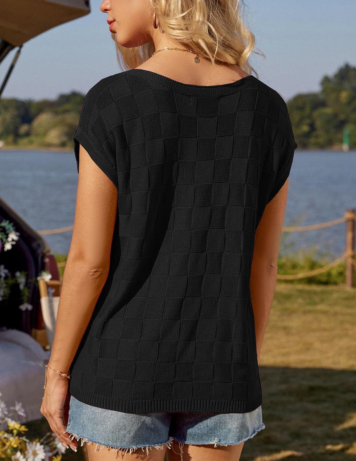 imageGRACE KARIN 2025 Women Short Sleeve Sweater Casual Off The Shoulder Sweaters Spring Summer Loose Fit Knit Light ShirtsBlack