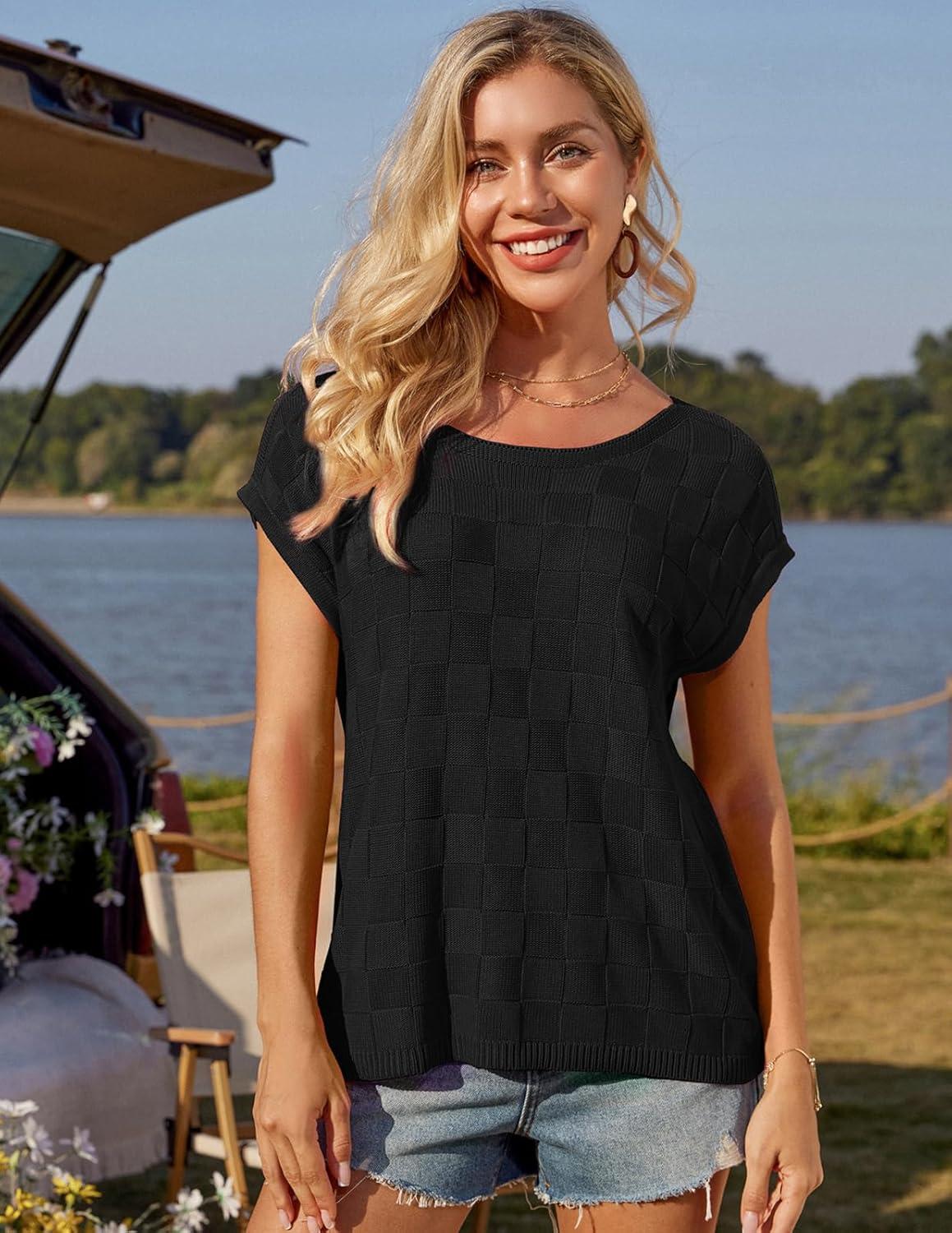 imageGRACE KARIN 2025 Women Short Sleeve Sweater Casual Off The Shoulder Sweaters Spring Summer Loose Fit Knit Light ShirtsBlack