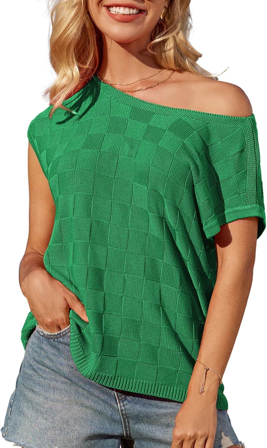 imageGRACE KARIN 2025 Women Short Sleeve Sweater Casual Off The Shoulder Sweaters Spring Summer Loose Fit Knit Light ShirtsGreen