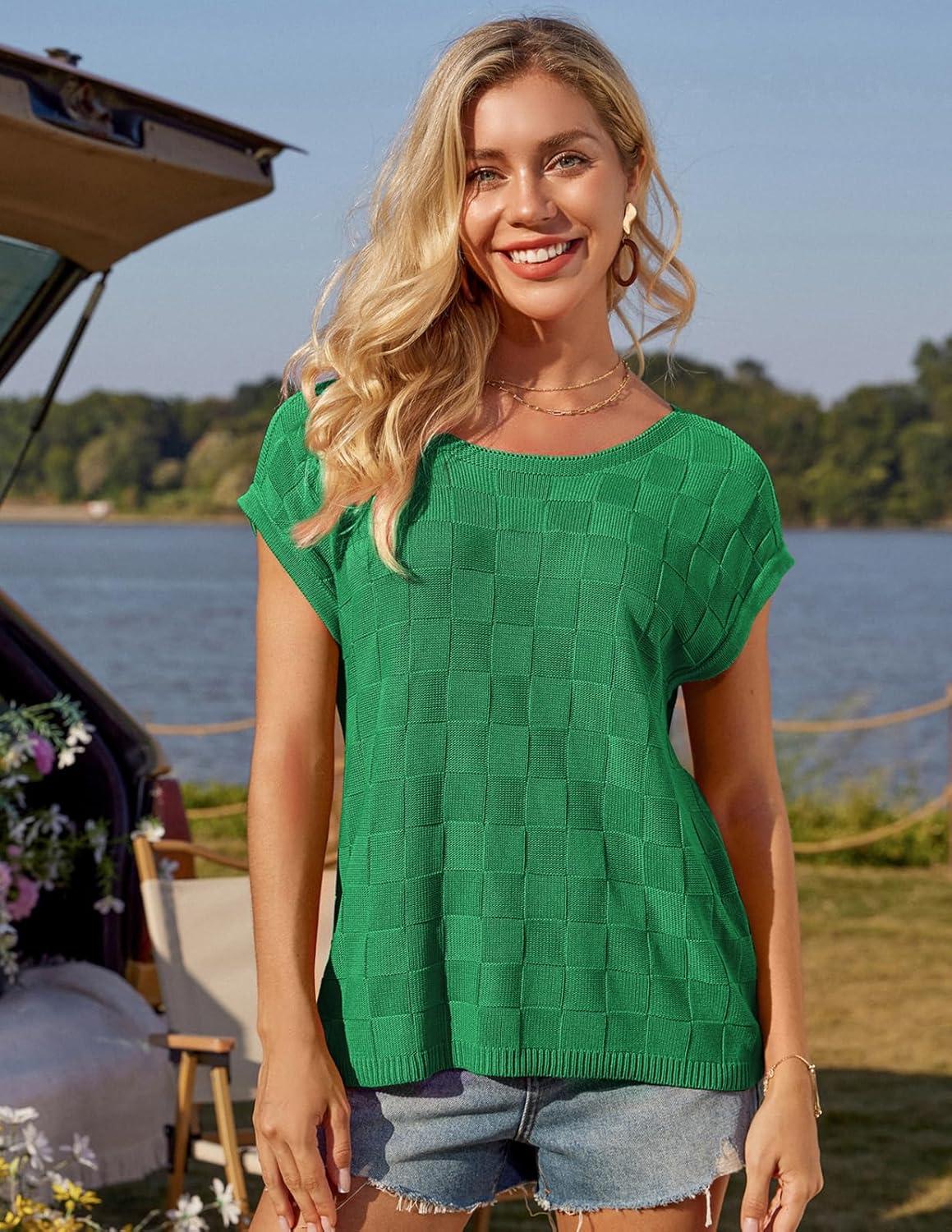 imageGRACE KARIN 2025 Women Short Sleeve Sweater Casual Off The Shoulder Sweaters Spring Summer Loose Fit Knit Light ShirtsGreen