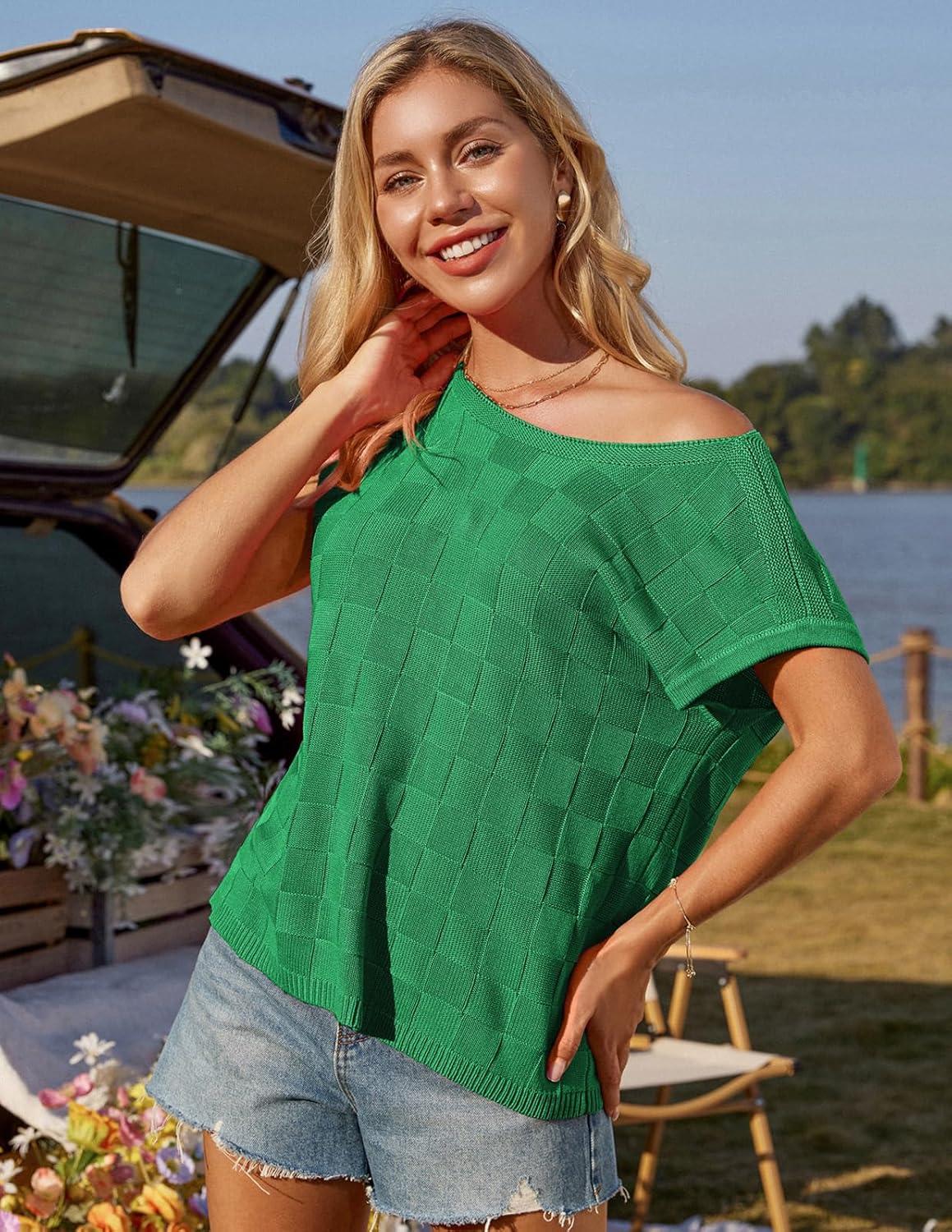 imageGRACE KARIN 2025 Women Short Sleeve Sweater Casual Off The Shoulder Sweaters Spring Summer Loose Fit Knit Light ShirtsGreen