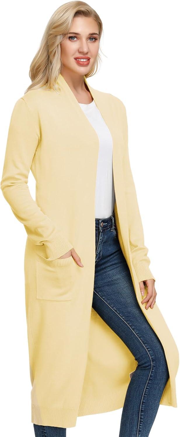 imageGRACE KARIN Essential Solid Open Front Maxi Long Knitted Cardigan Sweater for WomenButter Yellow