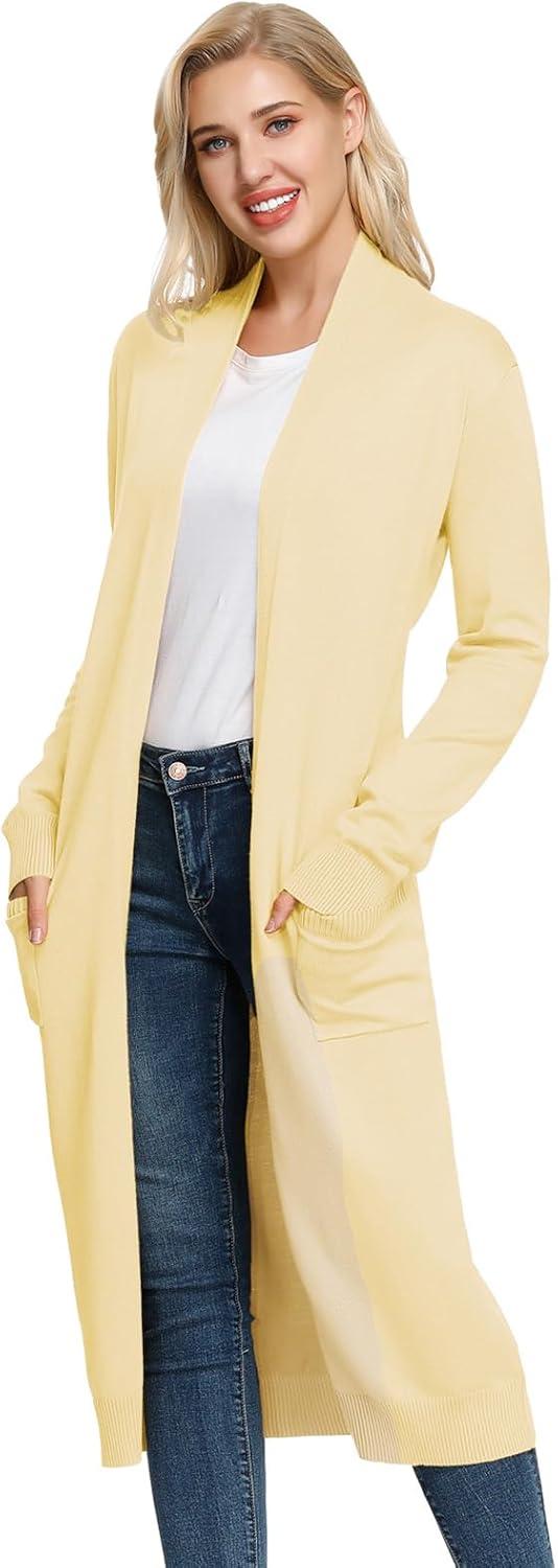 imageGRACE KARIN Essential Solid Open Front Maxi Long Knitted Cardigan Sweater for WomenButter Yellow