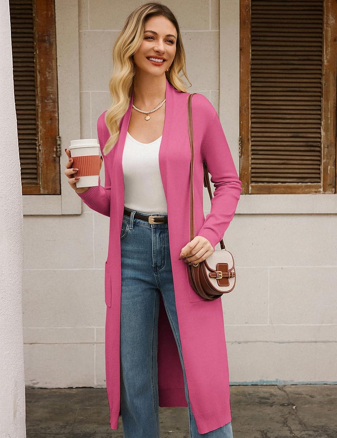 imageGRACE KARIN Essential Solid Open Front Maxi Long Knitted Cardigan Sweater for WomenDeep Pink