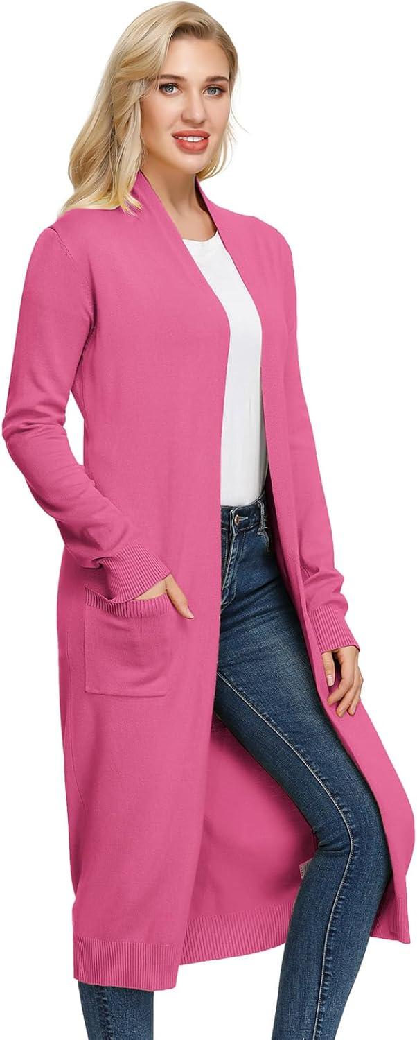 imageGRACE KARIN Essential Solid Open Front Maxi Long Knitted Cardigan Sweater for WomenDeep Pink