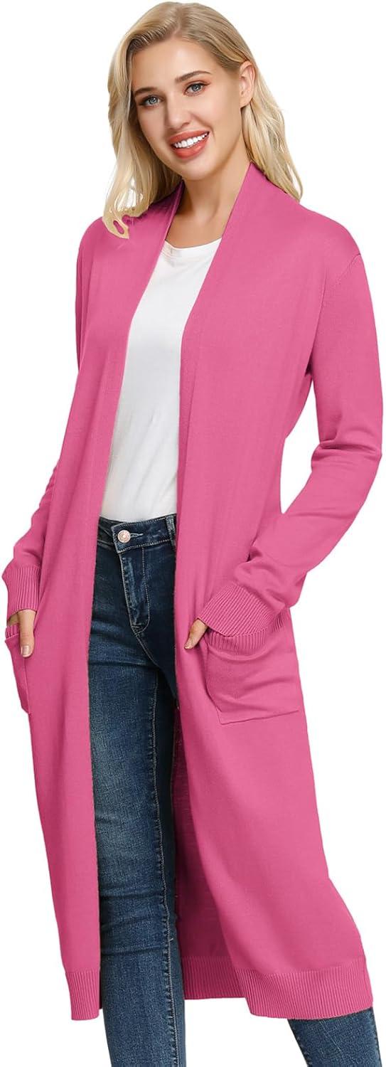 imageGRACE KARIN Essential Solid Open Front Maxi Long Knitted Cardigan Sweater for WomenDeep Pink
