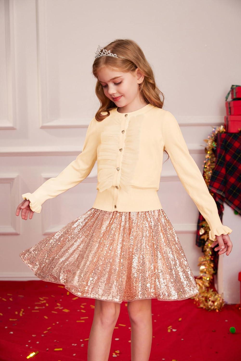 imageGRACE KARIN Girls Cardigan Button Up Knit Mesh Ruffle Uniform Sweater Size 512Apricot