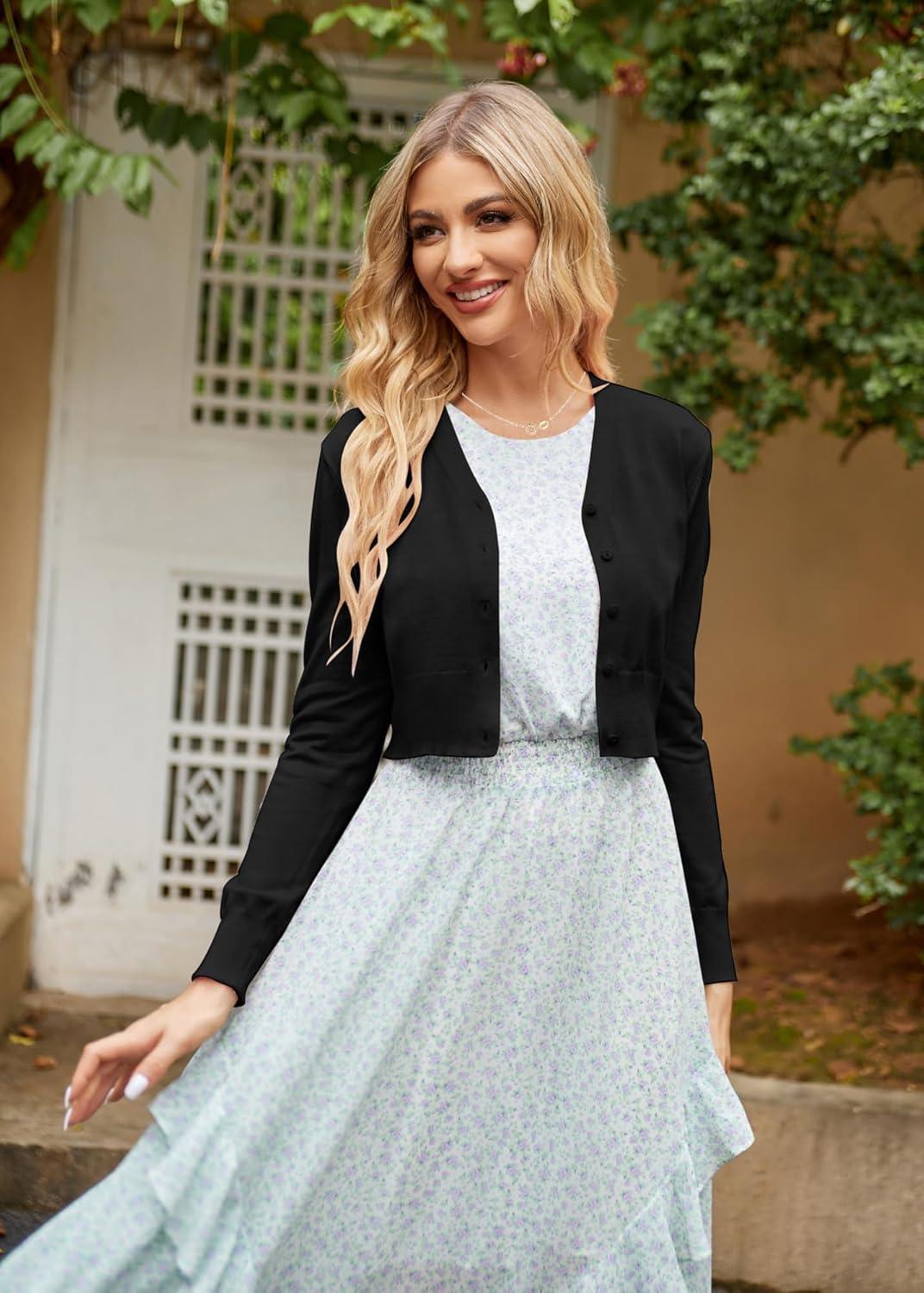 imageGRACE KARIN Long Sleeve Cropped Cardigan Sweaters for Women Lightweight Button Down VNeck Open Front Bolero Shrug Jacket Black 3XL