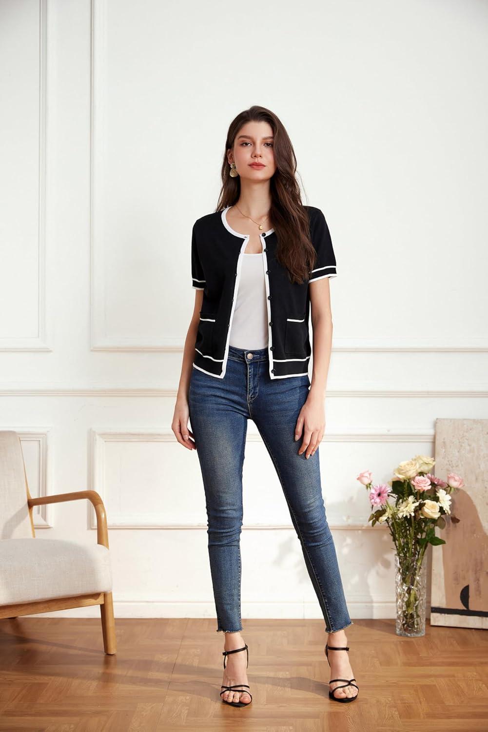 imageGRACE KARIN Short Sleeve Contrast Cardigan Sweaters for Women Summer Casual Striped Button Down Bolero ShrugBlackwhite Edge