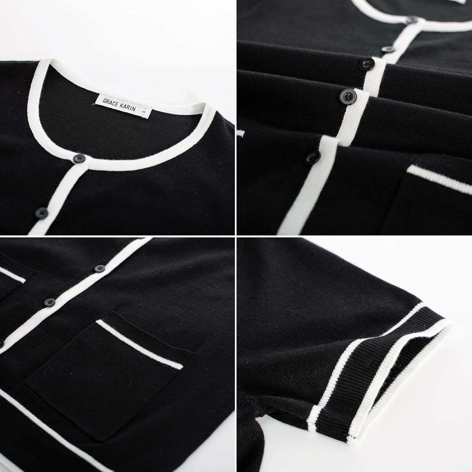 imageGRACE KARIN Short Sleeve Contrast Cardigan Sweaters for Women Summer Casual Striped Button Down Bolero ShrugBlackwhite Edge