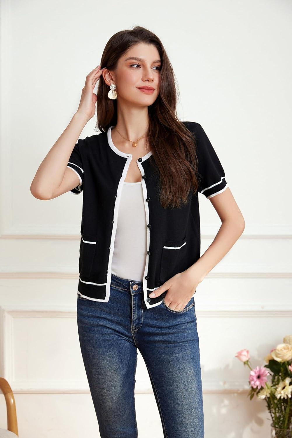 imageGRACE KARIN Short Sleeve Contrast Cardigan Sweaters for Women Summer Casual Striped Button Down Bolero ShrugBlackwhite Edge