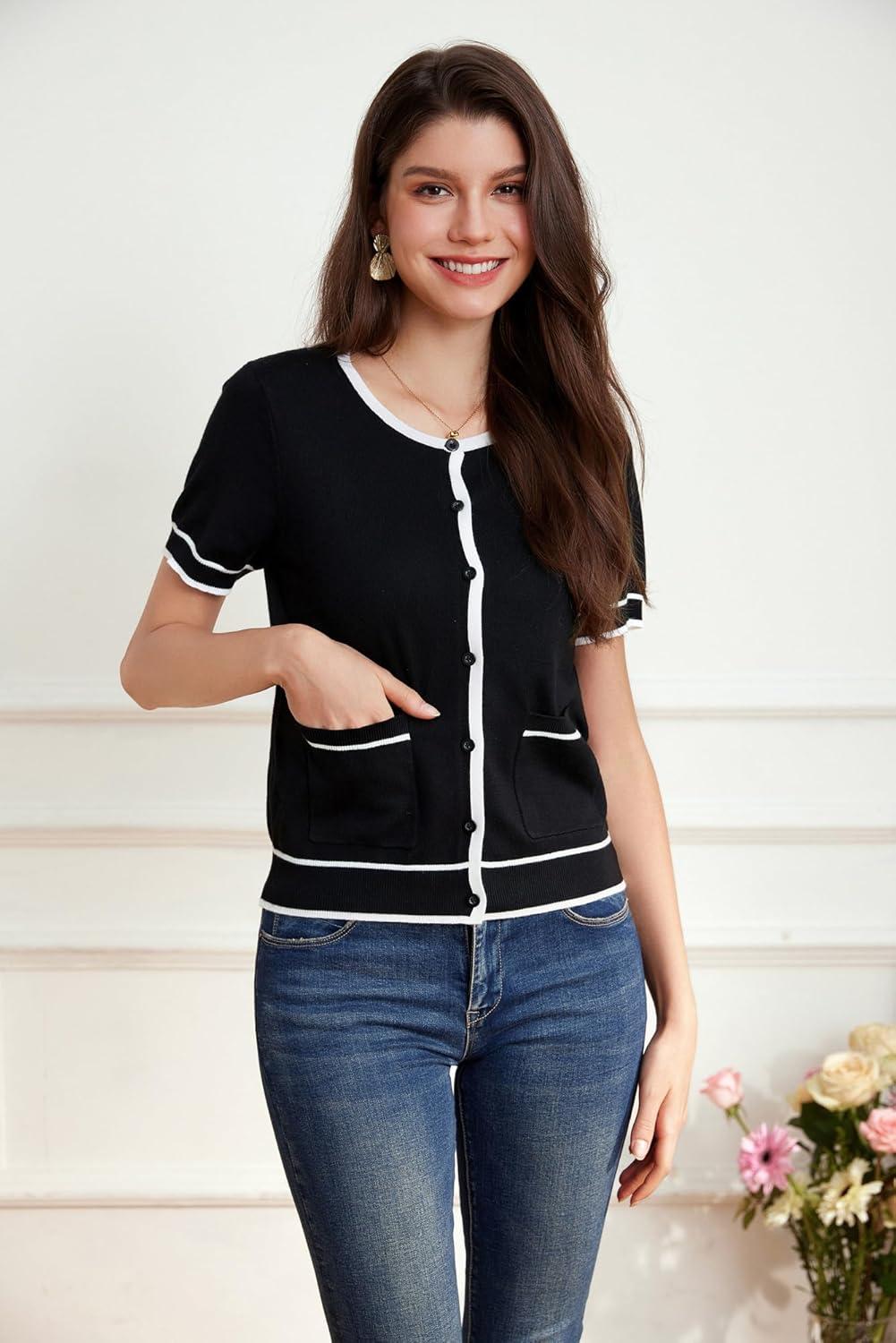 imageGRACE KARIN Short Sleeve Contrast Cardigan Sweaters for Women Summer Casual Striped Button Down Bolero ShrugBlackwhite Edge