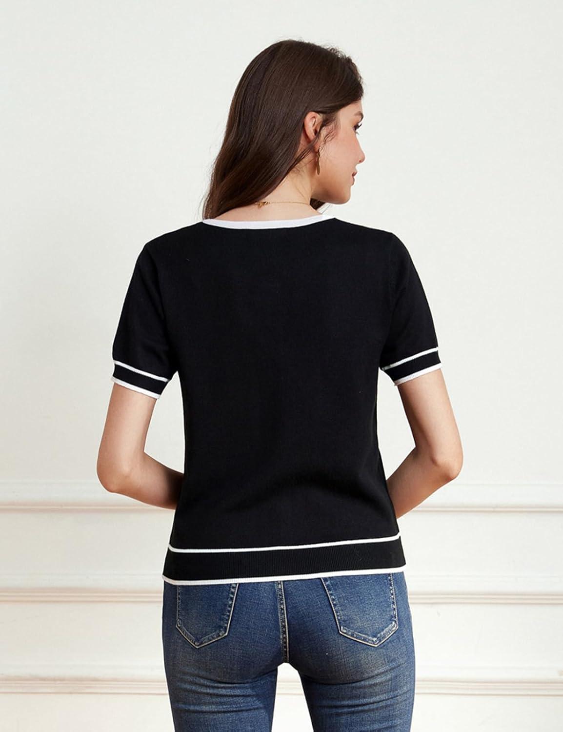imageGRACE KARIN Short Sleeve Contrast Cardigan Sweaters for Women Summer Casual Striped Button Down Bolero ShrugBlackwhite Edge