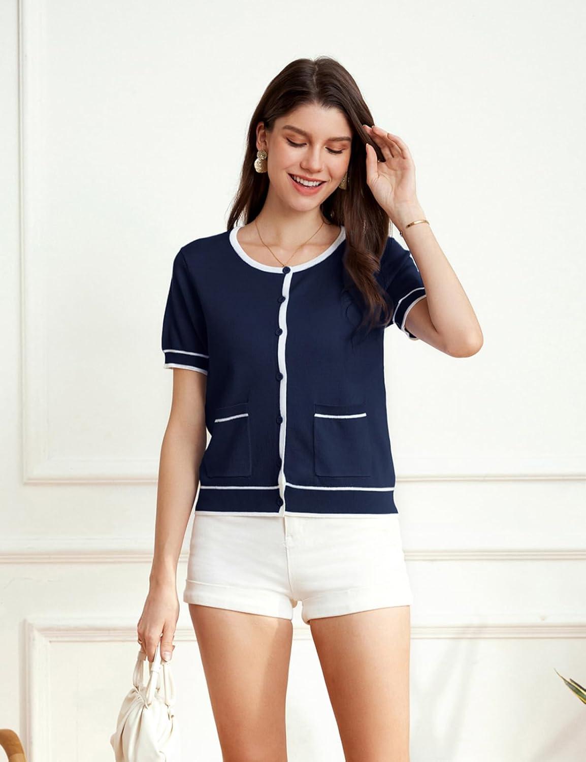 imageGRACE KARIN Short Sleeve Contrast Cardigan Sweaters for Women Summer Casual Striped Button Down Bolero ShrugNavy Bluewhite Edge