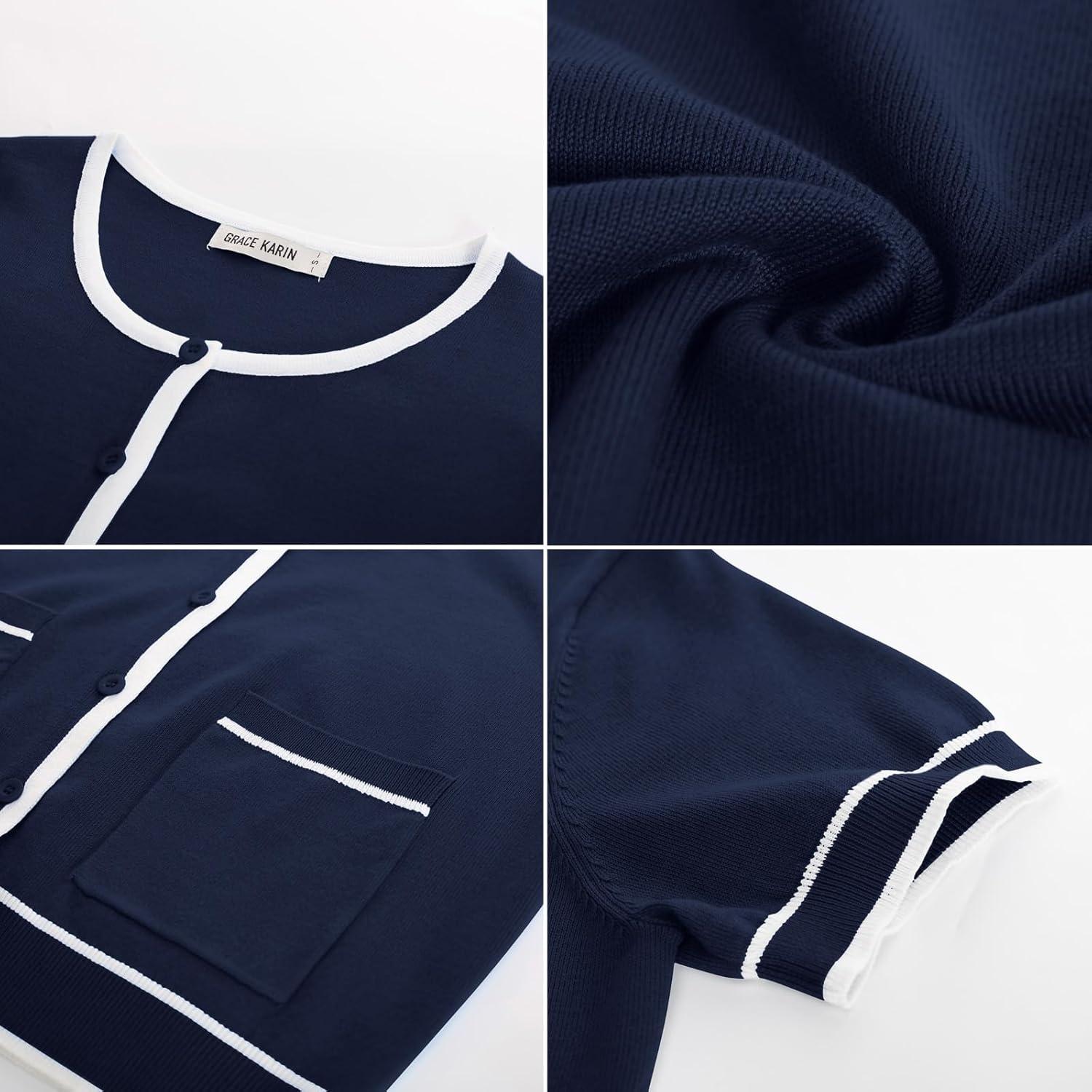 imageGRACE KARIN Short Sleeve Contrast Cardigan Sweaters for Women Summer Casual Striped Button Down Bolero ShrugNavy Bluewhite Edge