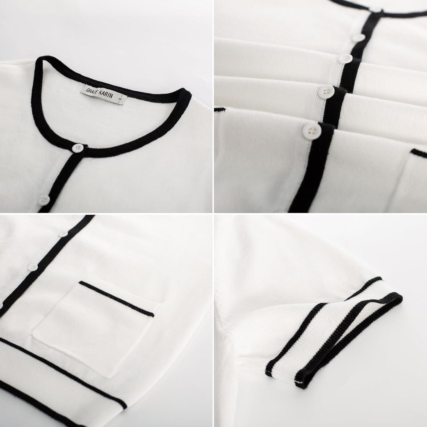 imageGRACE KARIN Short Sleeve Contrast Cardigan Sweaters for Women Summer Casual Striped Button Down Bolero ShrugWhiteblack Edge