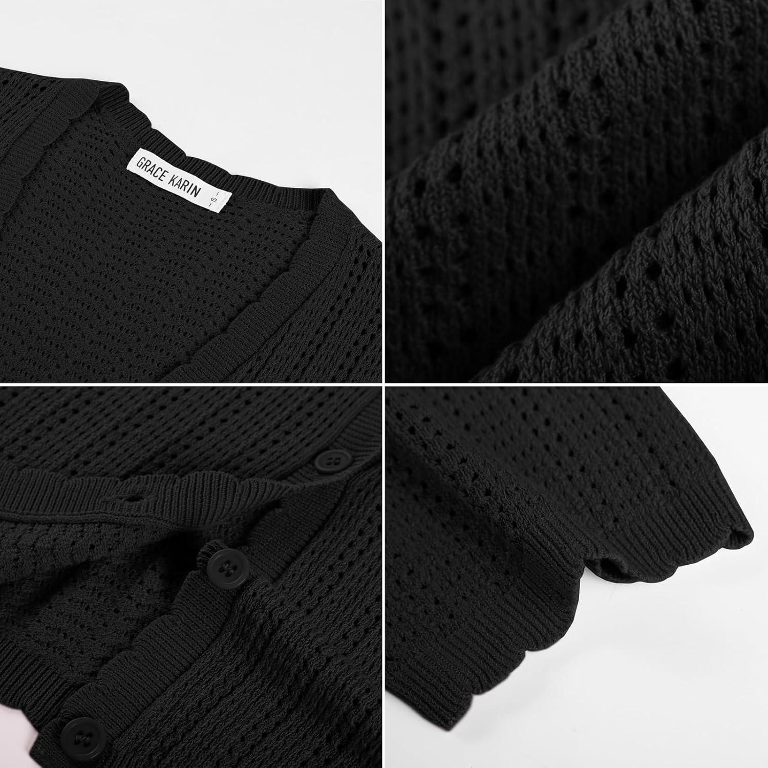 imageGRACE KARIN Short Sleeve Summer Cardigan Sweaters for Women 2026 Lightweight Shrug Crochet Beach Cover UpsBlack