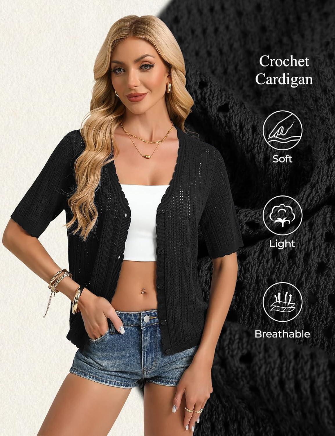 imageGRACE KARIN Short Sleeve Summer Cardigan Sweaters for Women 2026 Lightweight Shrug Crochet Beach Cover UpsBlack