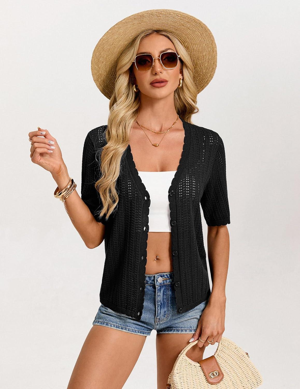 imageGRACE KARIN Short Sleeve Summer Cardigan Sweaters for Women 2026 Lightweight Shrug Crochet Beach Cover UpsBlack