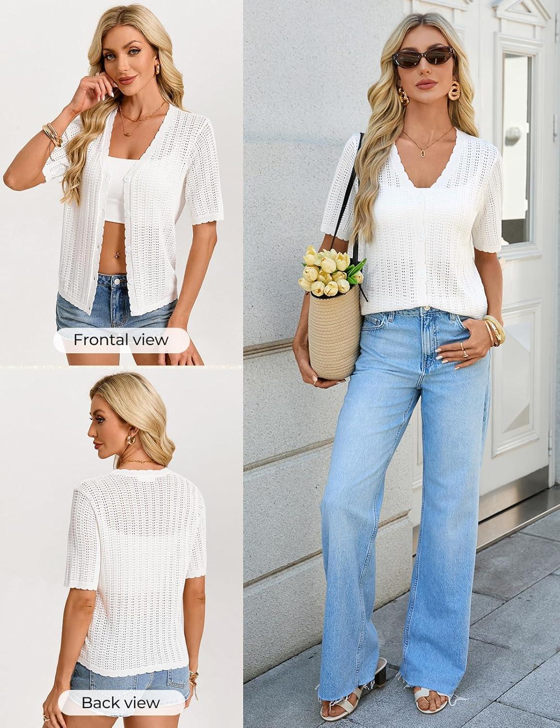 imageGRACE KARIN Short Sleeve Summer Cardigan Sweaters for Women 2026 Lightweight Shrug Crochet Beach Cover UpsIvory White